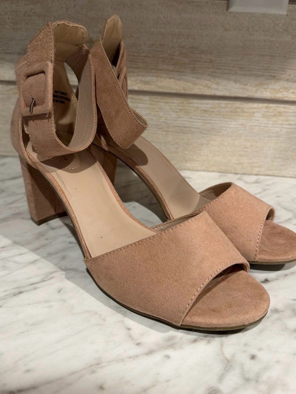 Suede Ankle-Strap Block Heels in Blush Taupe